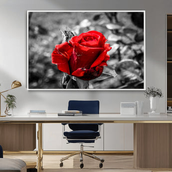 84671-MGV-FC-36X24_White-Red Rose Wall Art – Vibrant Single Bloom Canvas Print with Black and White Background, Elegant Floral Decor for Living Room,
