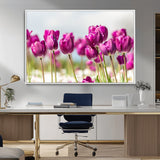 30632-MGV-CV-36X24-Purple Tulip Field Wall Art – Beautiful Spring Flowers Canvas Print with Soft Focus and Bright Sky, Ideal Floral Decor for Home or