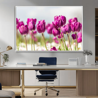 30632-MGV-CV-36X24-Purple Tulip Field Wall Art – Beautiful Spring Flowers Canvas Print with Soft Focus and Bright Sky, Ideal Floral Decor for Home or