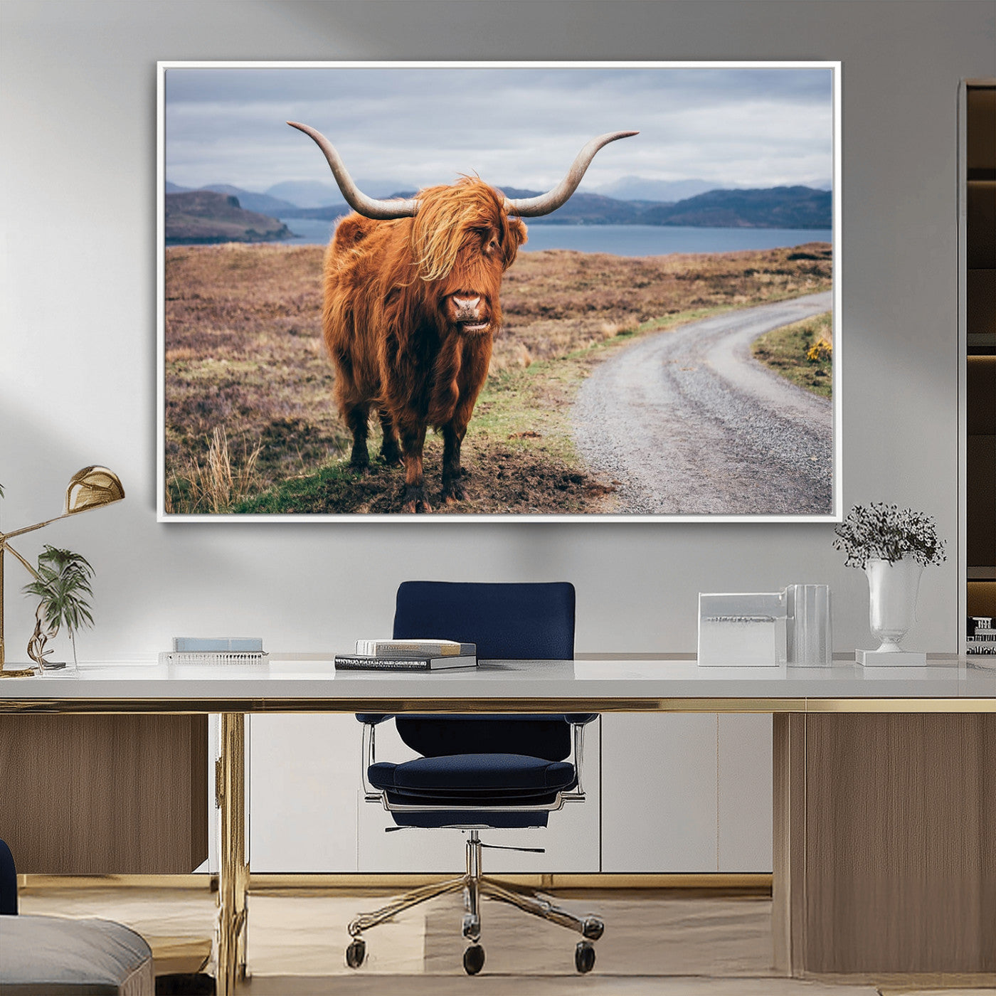 56121-MGV-FC-36X24_White-Rustic Highland Cow Wall Art – Panoramic Nature Canvas Print, Perfect Decor for Home, Office, Living Room or Man Cave