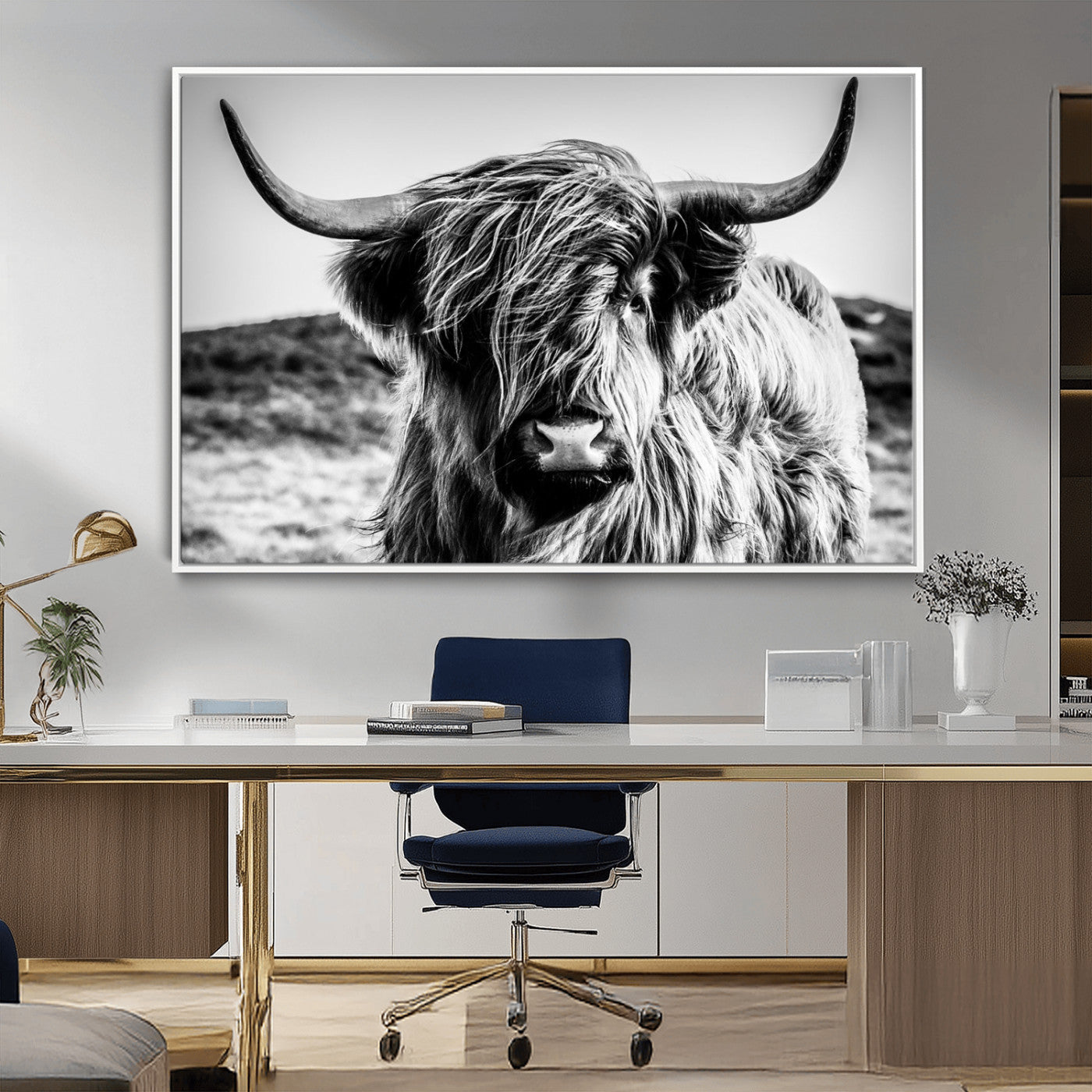 36979-MGV-CV-36X24-Striking black-and-white portrait of a Highland cow with flowing fur and majestic horns, perfect for rustic and elegant home or