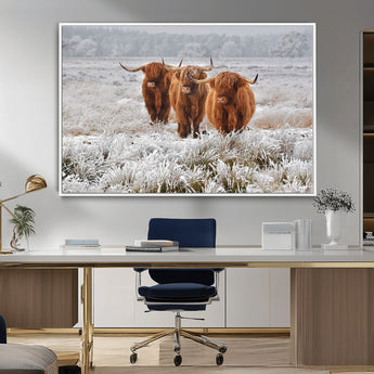 10396-MGV-FC-36X24_White-Highland Cattle Wall Art – Rustic Winter Landscape Canvas Print, Farmhouse Decor for Living Room, Office, Cabin or Country Home