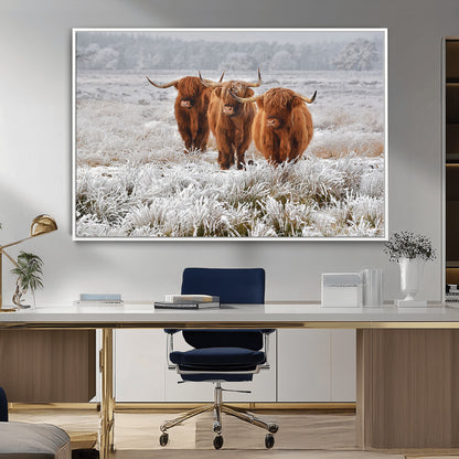 10396-MGV-FC-36X24_White-Highland Cattle Wall Art – Rustic Winter Landscape Canvas Print, Farmhouse Decor for Living Room, Office, Cabin or Country Home