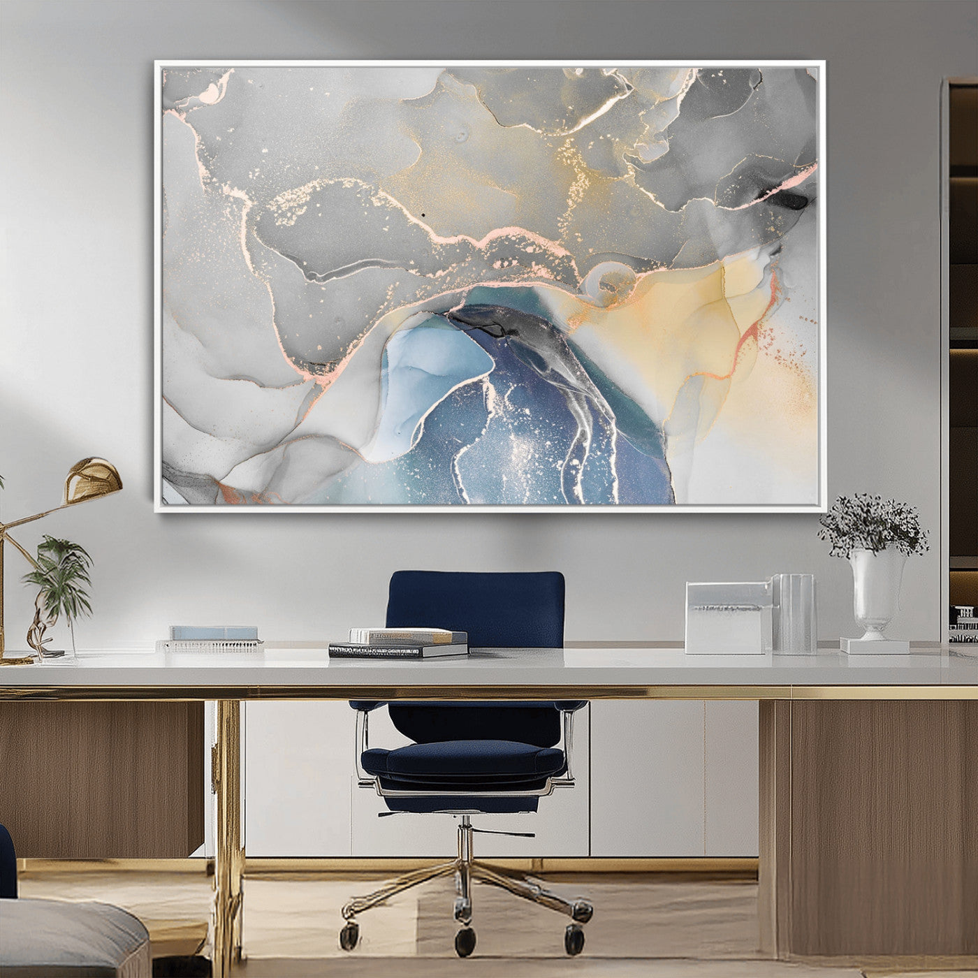 63211-MGV-CV-36X24-Abstract Fluid Art Wall Decor – Blue, Gray & Gold Canvas Print, Modern Home and Office Wall Art Decor for Living Room, Bedroom or