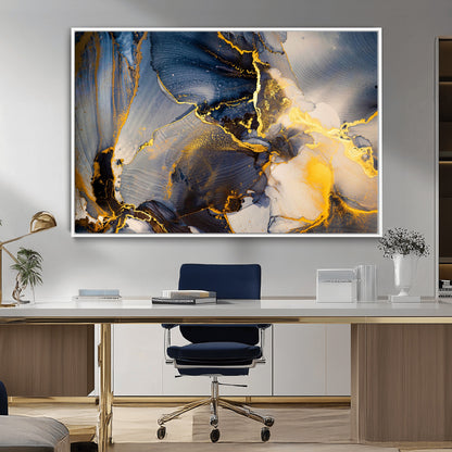 42100-MGV-CV-36X24-Golden Flow Abstract Wall Art – Panoramic Modern Blue and Gold Canvas Print, Contemporary Artistic Decor for Home, Office