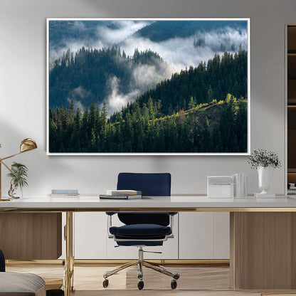 55972-MGV-CV-36X24-Whispering Pines Wall Art – Panoramic Misty Forest Canvas Print, Serene Nature Decor for Home, Office or Cabin Retreat
