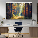 86249-MGV-CV-36X24-Sunlit Autumn Forest Path Wall Art – Peaceful Nature Scene with Fall Foliage, Calming Woods Decor for Home or Office