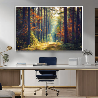 86249-MGV-CV-36X24-Sunlit Autumn Forest Path Wall Art – Peaceful Nature Scene with Fall Foliage, Calming Woods Decor for Home or Office