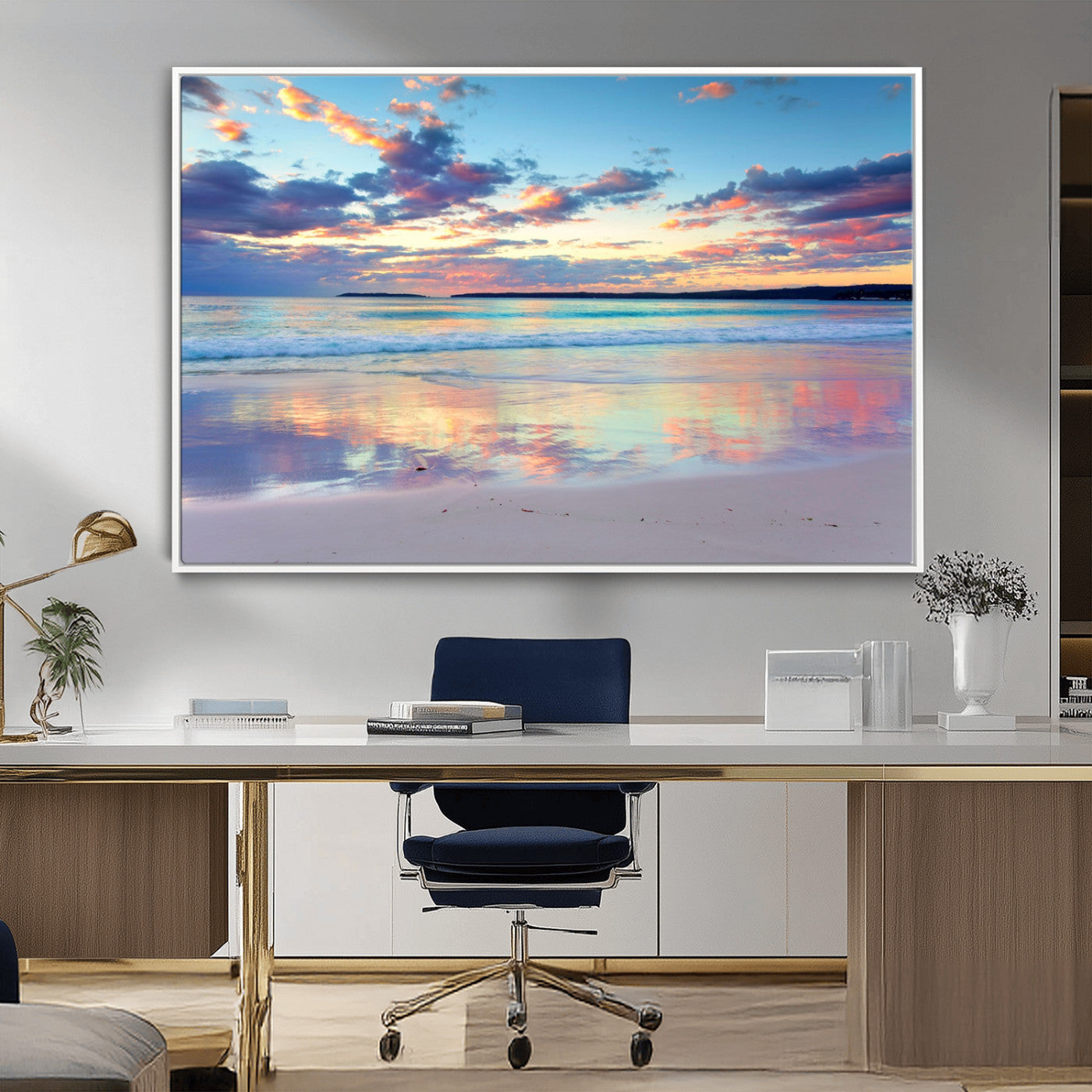 64882-MGV-CV-36X24-Tranquil Sunset Beach Wall Art – Panoramic Ocean Reflection Canvas Print, Calm Coastal Decor for Bedroom, Living Room or Office