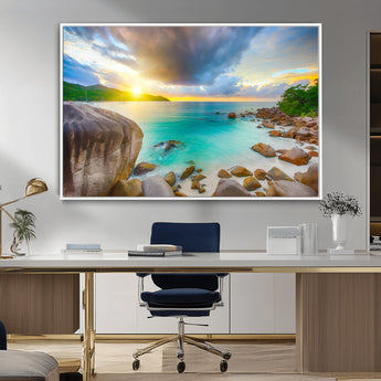 23769-MGV-FC-36X24_White-Tropical Beach Sunset Wall Art – Ocean Waves and Rocky Shore Canvas Print, Coastal Seascape Photography Decor