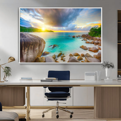 23769-MGV-FC-36X24_White-Tropical Beach Sunset Wall Art – Ocean Waves and Rocky Shore Canvas Print, Coastal Seascape Photography Decor