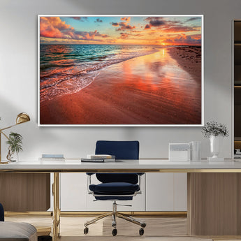 77723-MGV-FC-36X24_White-Sunset Beach Wall Art – Vibrant Ocean Waves and Golden Horizon Canvas Print, Coastal Seascape Photography Home Decor