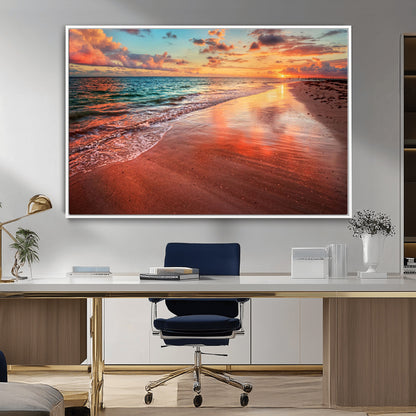 77723-MGV-FC-36X24_White-Sunset Beach Wall Art – Vibrant Ocean Waves and Golden Horizon Canvas Print, Coastal Seascape Photography Home Decor