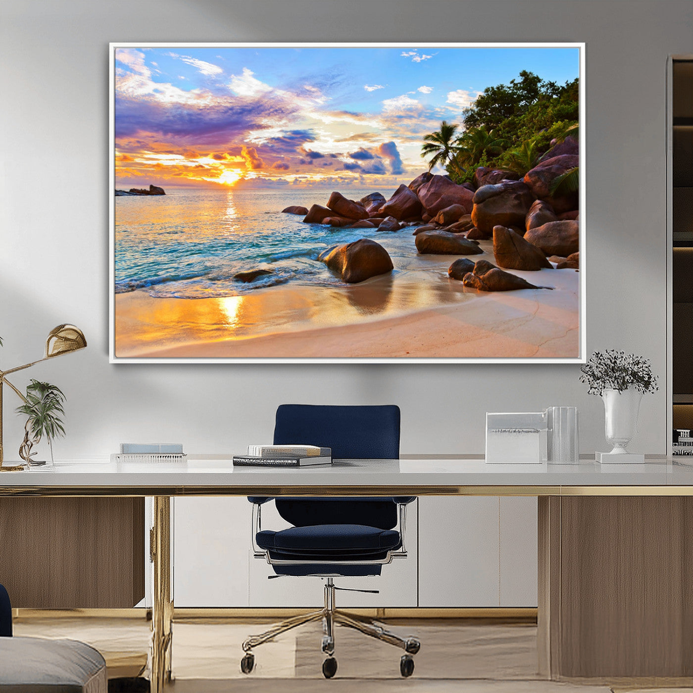 43209-MGV-FC-36X24_White-Tropical Beach Sunset Wall Art – Golden Ocean Waves and Palm Trees with Rocky Shore Canvas Print, Coastal Seascape Decor for
