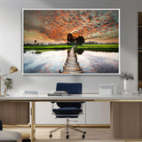 29105-MGV-CV-36X24-Rustic Wooden Bridge Wall Art – Scenic Sunset Over Rice Fields and Reflective Water Canvas Print, Nature Landscape Decor for