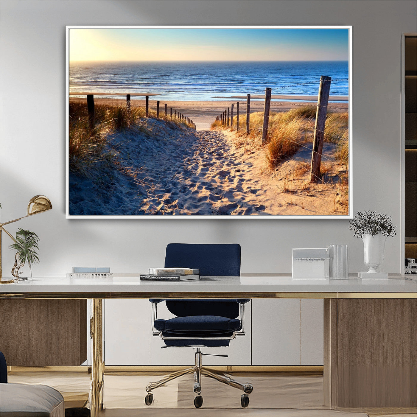 31889-MGV-FC-36X24_White-Sandy Beach Pathway Wall Art – Coastal Dune Fence and Ocean View Canvas Print, Relaxing Seaside Landscape Decor for Living Room or