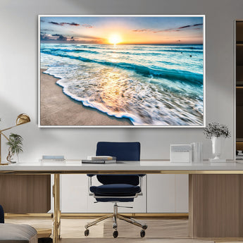 27815-MGV-FC-36X24_White-Ocean Sunrise Beach Wall Art – Serene Coastal Canvas Print with Waves and Golden Morning Light, Relaxing Seascape Decor for
