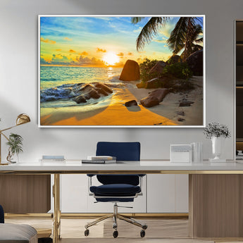 26181-MGV-FC-36X24_White-Golden Tropical Sunset Beach Wall Art – Ocean Canvas Print with Palm Trees and Rocks, Coastal Paradise Decor for Living Room or