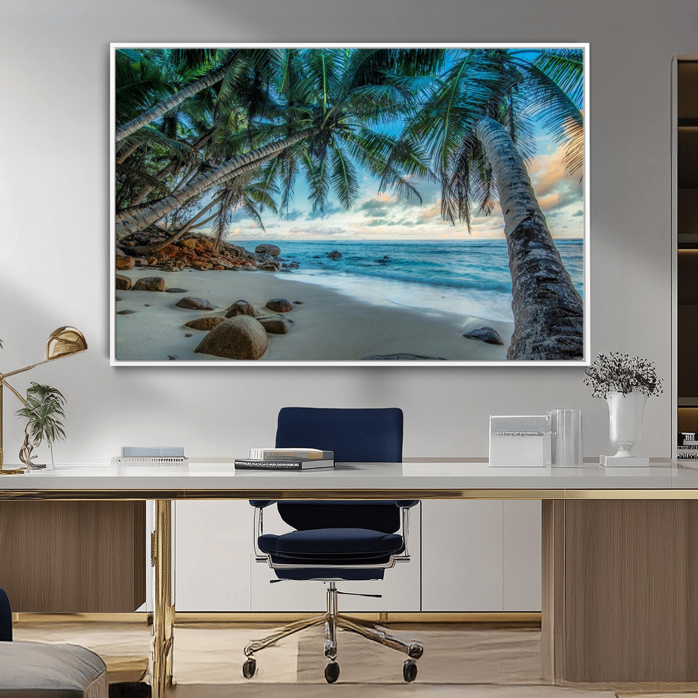 39679-MGV-FC-36X24_White-Tropical Palm Beach Wall Art – Serene Ocean Canvas Print with Palm Trees and Rocks, Coastal Paradise Decor for Living Room or