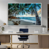 39679-MGV-FC-36X24_White-Tropical Palm Beach Wall Art – Serene Ocean Canvas Print with Palm Trees and Rocks, Coastal Paradise Decor for Living Room or