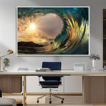 38256-MGV-FC-36X24_White-Ocean Wave Wall Art – Stunning Sunrise Through Curling Wave Canvas Print, Coastal Surf Photography Seascape Decor for Living Room,
