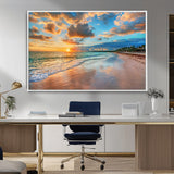 41572-MGV-FC-36X24_White-Sunset Beach Wall Art – Ocean Waves and Palm Trees Canvas Print, Tropical Coastal Sunset Seascape Decor for Living Room, Bedroom