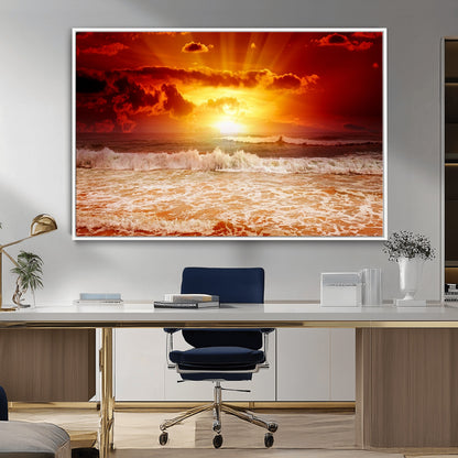 60211-MGV-FC-36X24_White-Fiery Sunset Ocean Wall Art – Red Sky Seascape Canvas Print with Waves, Bold Coastal Sunset Decor for Living Room or Bedroom