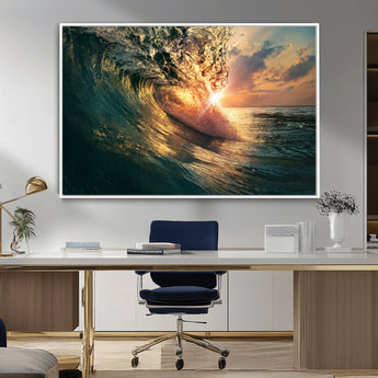 55359-MGV-FC-36X24_White-Radiant Ocean Wave Wall Art – Panoramic Surf Canvas Print, Vibrant Sunset Beach Decor for Home, Office or Man Cave