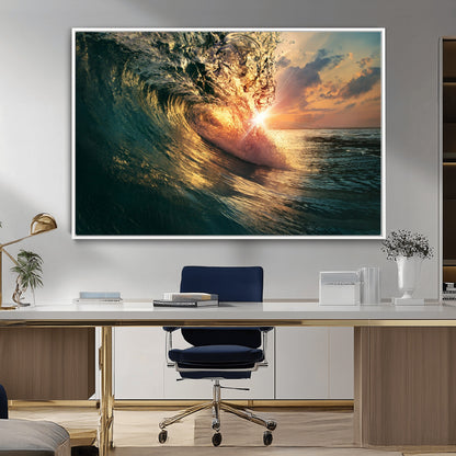 55359-MGV-FC-36X24_White-Radiant Ocean Wave Wall Art – Panoramic Surf Canvas Print, Vibrant Sunset Beach Decor for Home, Office or Man Cave