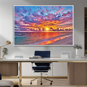 72836-MGV-FC-36X24_White-Fiery Sunset Beach Wall Art – Panoramic Vibrant Ocean Canvas Print, Dramatic Coastal Decor for Living Room, Bedroom or Office