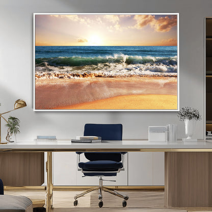 79005-MGV-FC-36X24_White-Golden Sunrise Ocean Waves Wall Art – Panoramic Seashore Canvas Print, Calming Coastal Decor for Home, Office or Relaxation Space
