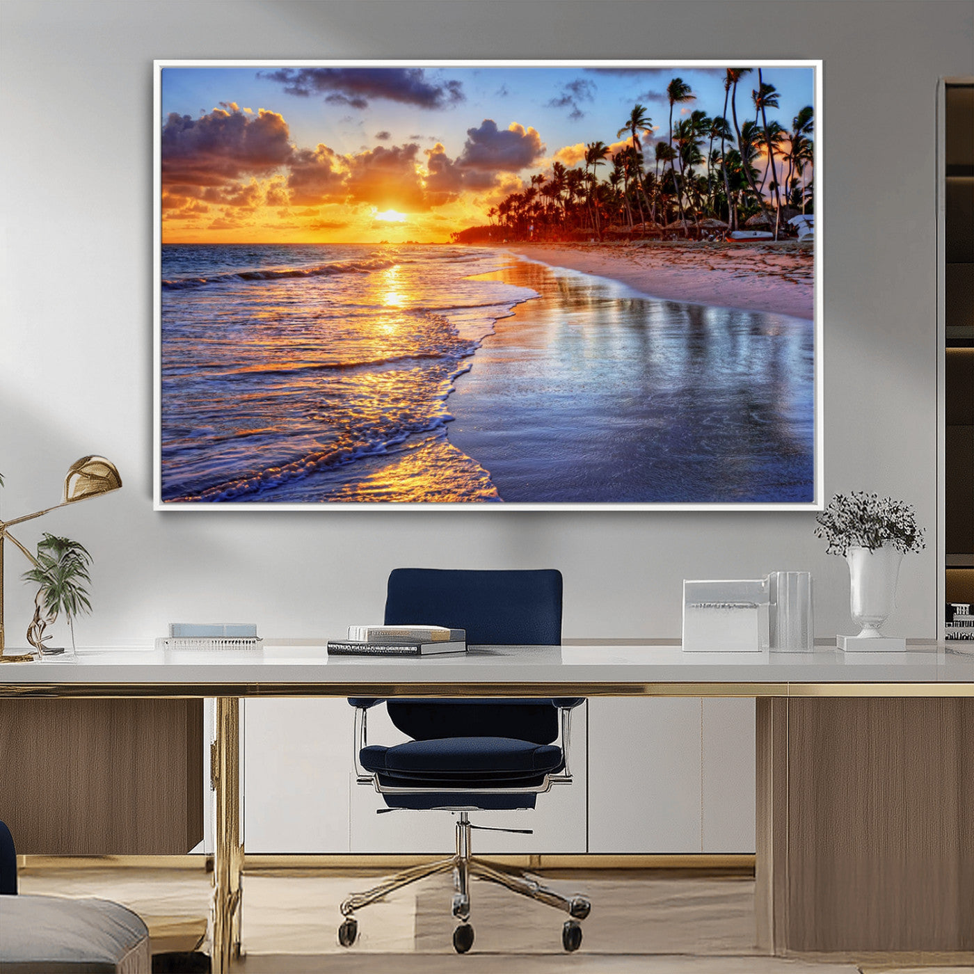 19917-MGV-FC-36X24_White-Tropical Sunset Beach Wall Art – Panoramic Palm Trees and Ocean Canvas Print, Vibrant Coastal Decor for Living Room, Office or Man