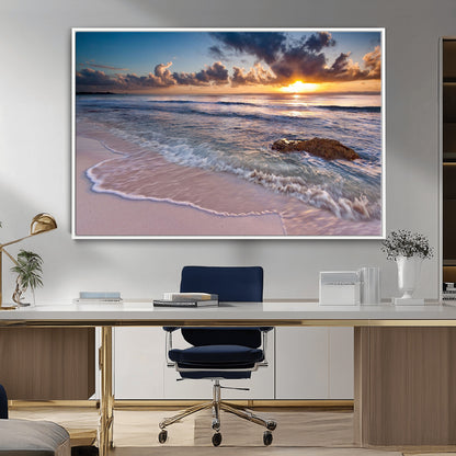 94906-MGV-FC-36X24_White-Sunrise Beach Wall Art – Panoramic Ocean Waves Canvas Print, Coastal Sunset Seascape Artwork for Living Room, Bedroom, or Office