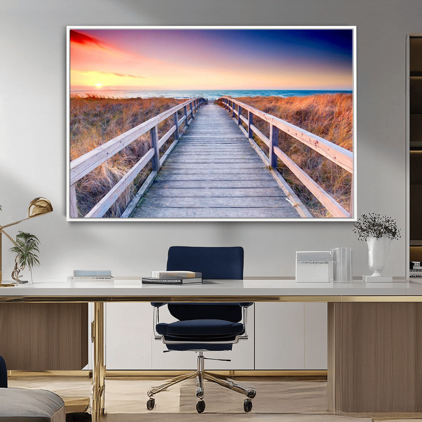 60625-MGV-FC-36X24_White-Beach Boardwalk Sunrise Wall Art – Coastal Pathway to Ocean Canvas Print, Seaside Landscape Decor for Home or Office