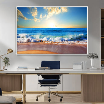 50522-MGV-FC-36X24_White-Ocean Sunrise Wall Art – Peaceful Beach Waves and Golden Horizon Canvas Print, Coastal Seascape Decor for Home or Office