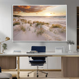 61246-MGV-FC-36X24_White-Coastal Sand Dunes Wall Art – Serene Beach Sunset Canvas Print with Grasses and Ocean View, Tranquil Seaside Decor for Living Room