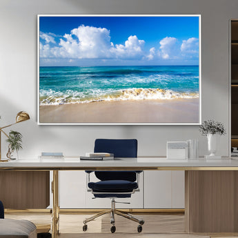 60364-MGV-FC-36X24_White-Tropical Ocean Wave Wall Art – Serene Blue Sea and White Sand Beach Canvas Print, Coastal Landscape Decor for Living Room, Bedroom