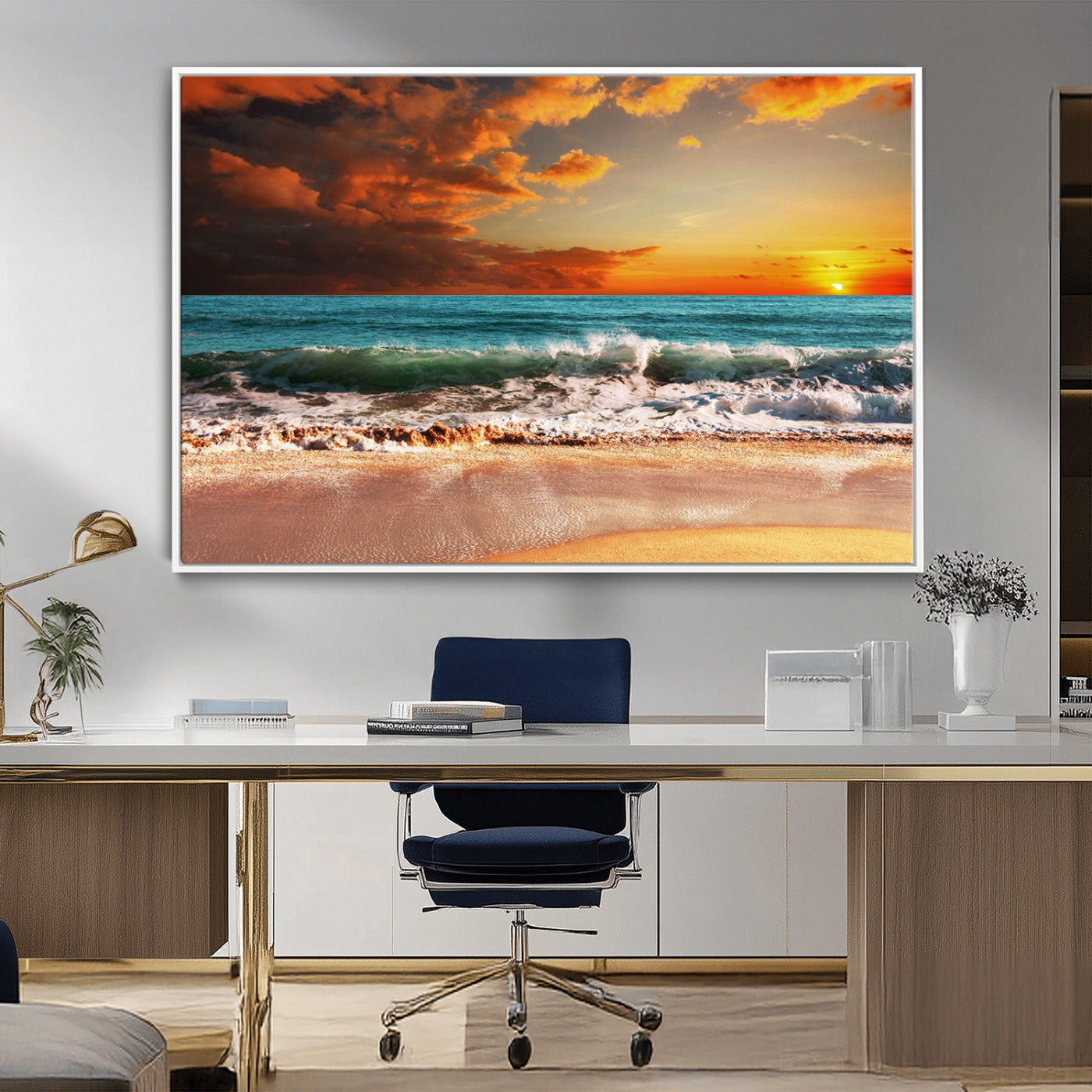 72948-MGV-FC-36X24_White-Ocean Sunset Wave Wall Art – Dramatic Seascape Canvas Print with Golden Sky and Crashing Waves, Coastal Beach Decor for Living