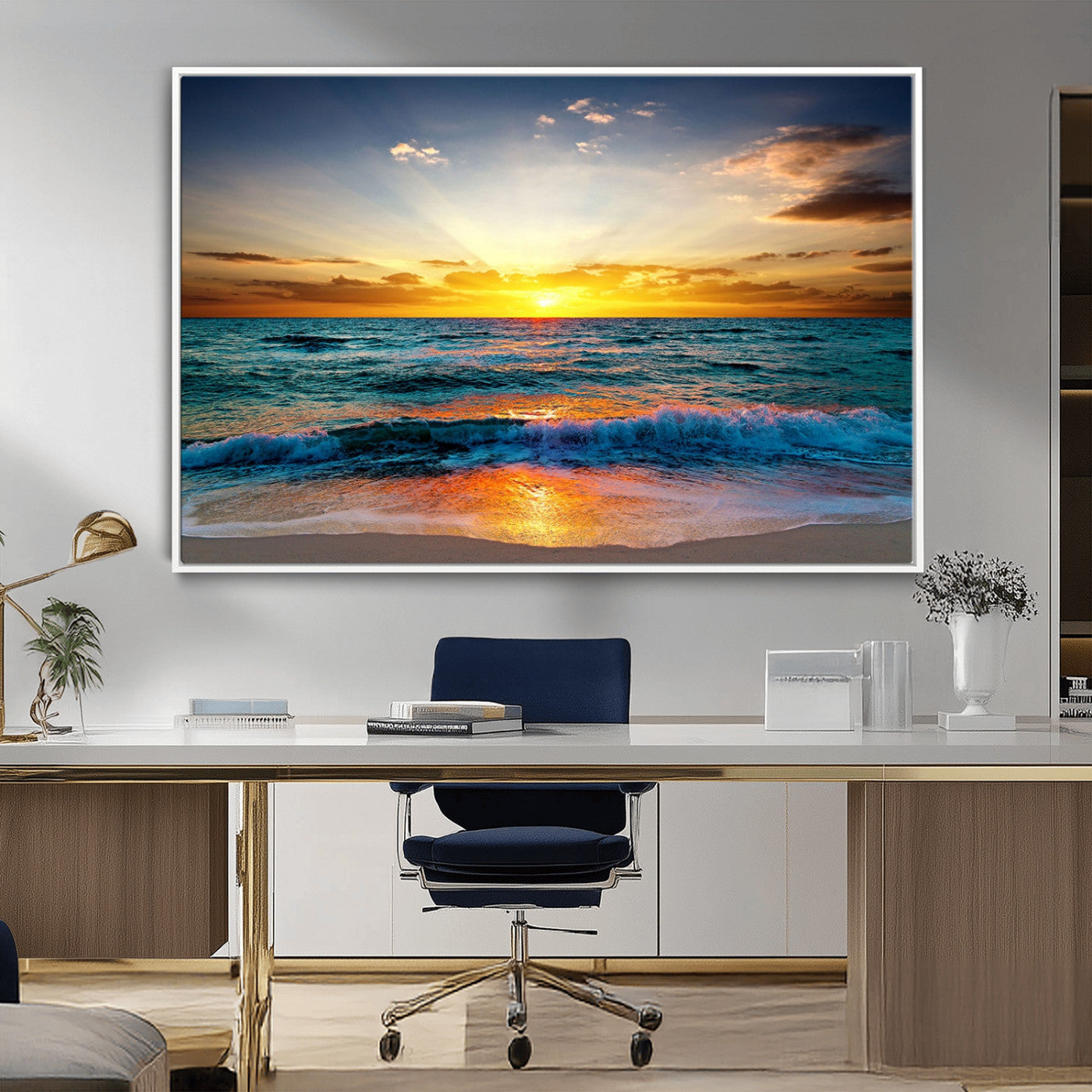 50627-MGV-FC-36X24_White-Ocean Sunset Wall Art – Serene Beach Canvas Print with Waves and Golden Sky, Coastal Decor for Living Room or Office