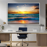 50627-MGV-FC-36X24_White-Ocean Sunset Wall Art – Serene Beach Canvas Print with Waves and Golden Sky, Coastal Decor for Living Room or Office