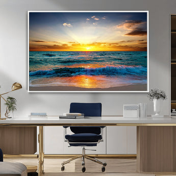 50627-MGV-FC-36X24_White-Ocean Sunset Wall Art – Serene Beach Canvas Print with Waves and Golden Sky, Coastal Decor for Living Room or Office