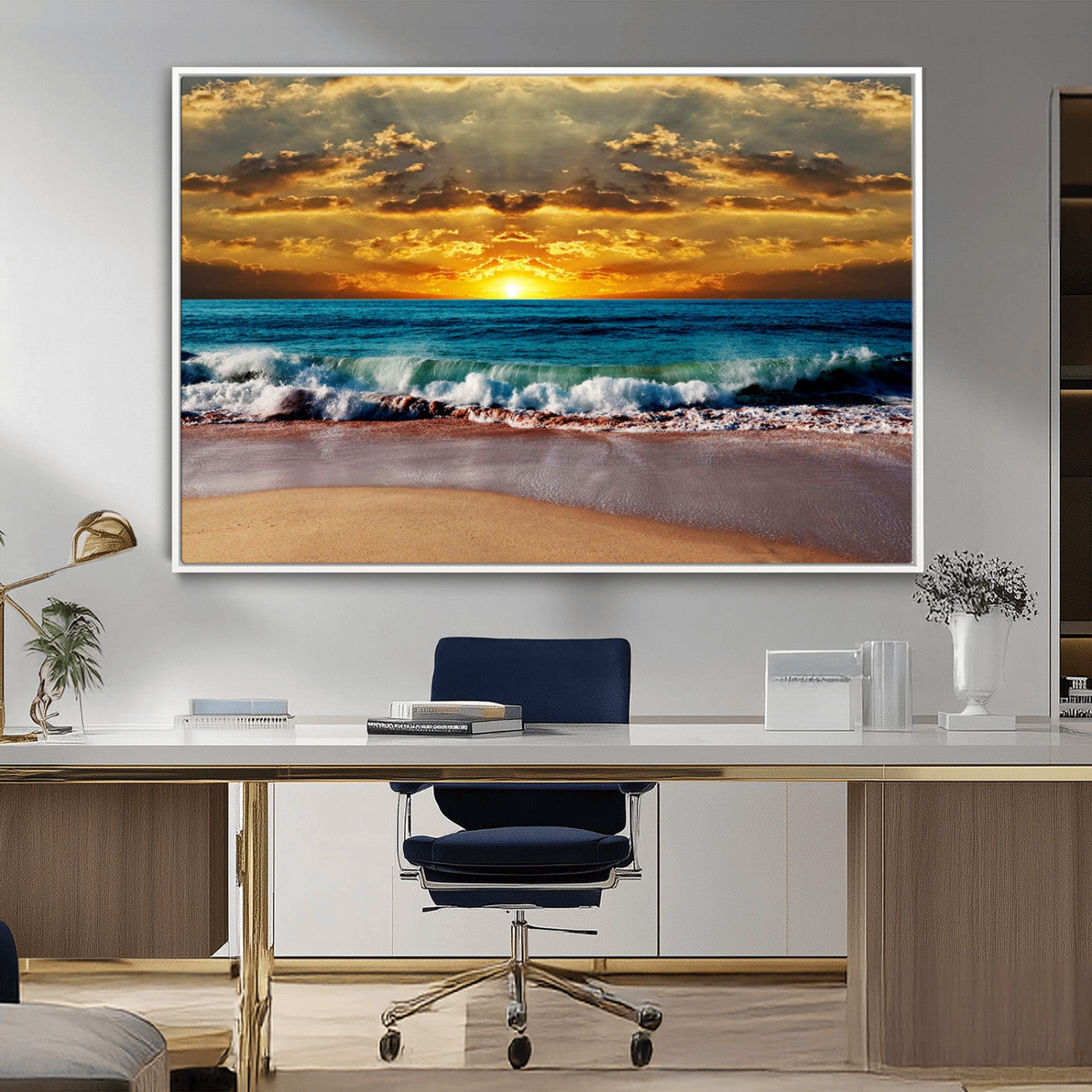 83389-MGV-FC-36X24_White-Ocean Sunrise Wall Art – Vibrant Beach Waves Canvas Print, Coastal Seascape Decor for Living Room or Office