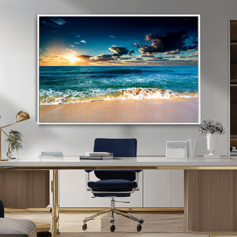 88985-MGV-FC-36X24_White-Ocean Sunset Wall Art – Tranquil Beach Waves Canvas Print, Coastal Seascape Decor for Living Room or Office