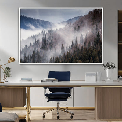18459-MGV-FC-36X24_White-Misty Pine Forest Wall Art – Serene Mountain Landscape Canvas Print, Tranquil Nature Artwork for Living Room, Bedroom, Cabin or