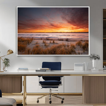 90176-MGV-FC-36X24_White-Beach Sunset Wall Art – Coastal Sand Dune Canvas Print with Ocean Waves and Dramatic Sky, Seaside Landscape Decor for Living Room