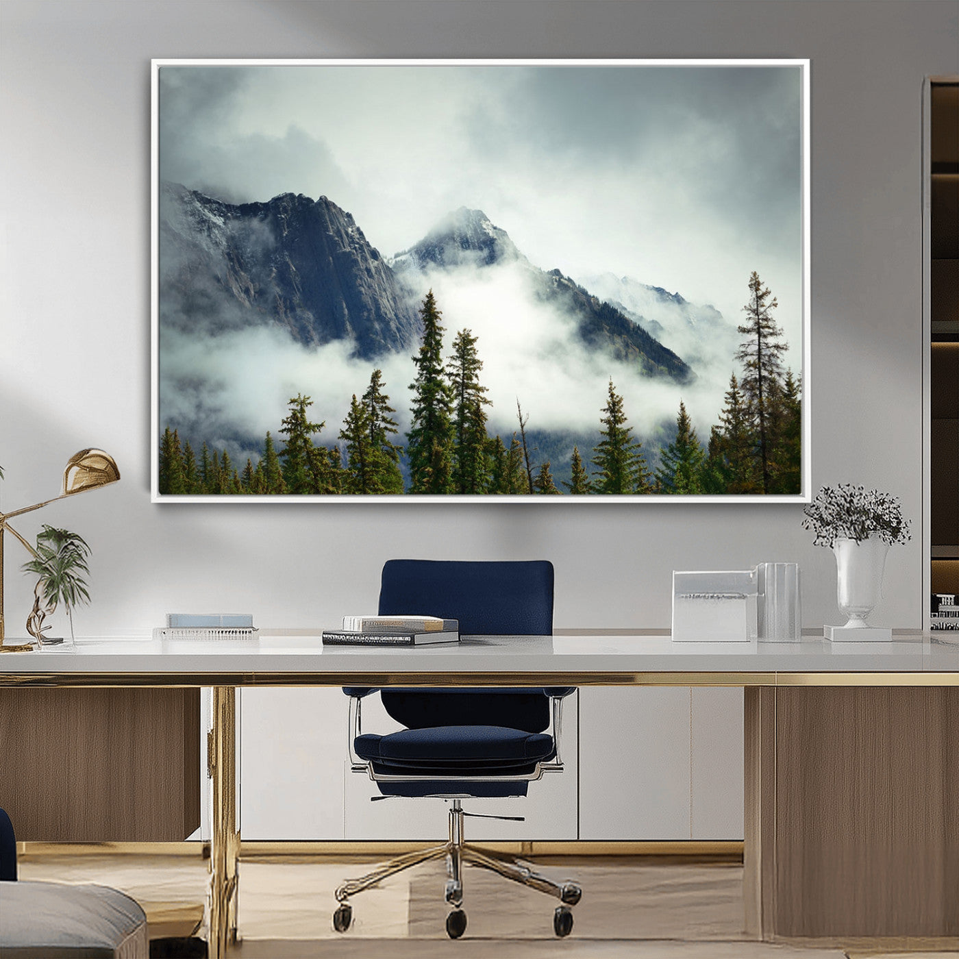 93219-MGV-CV-36X24-Misty Mountain Wall Art – Foggy Pines and Rocky Peaks Canvas Print, Nature Landscape Decor for Living Room, Office or Bedroom