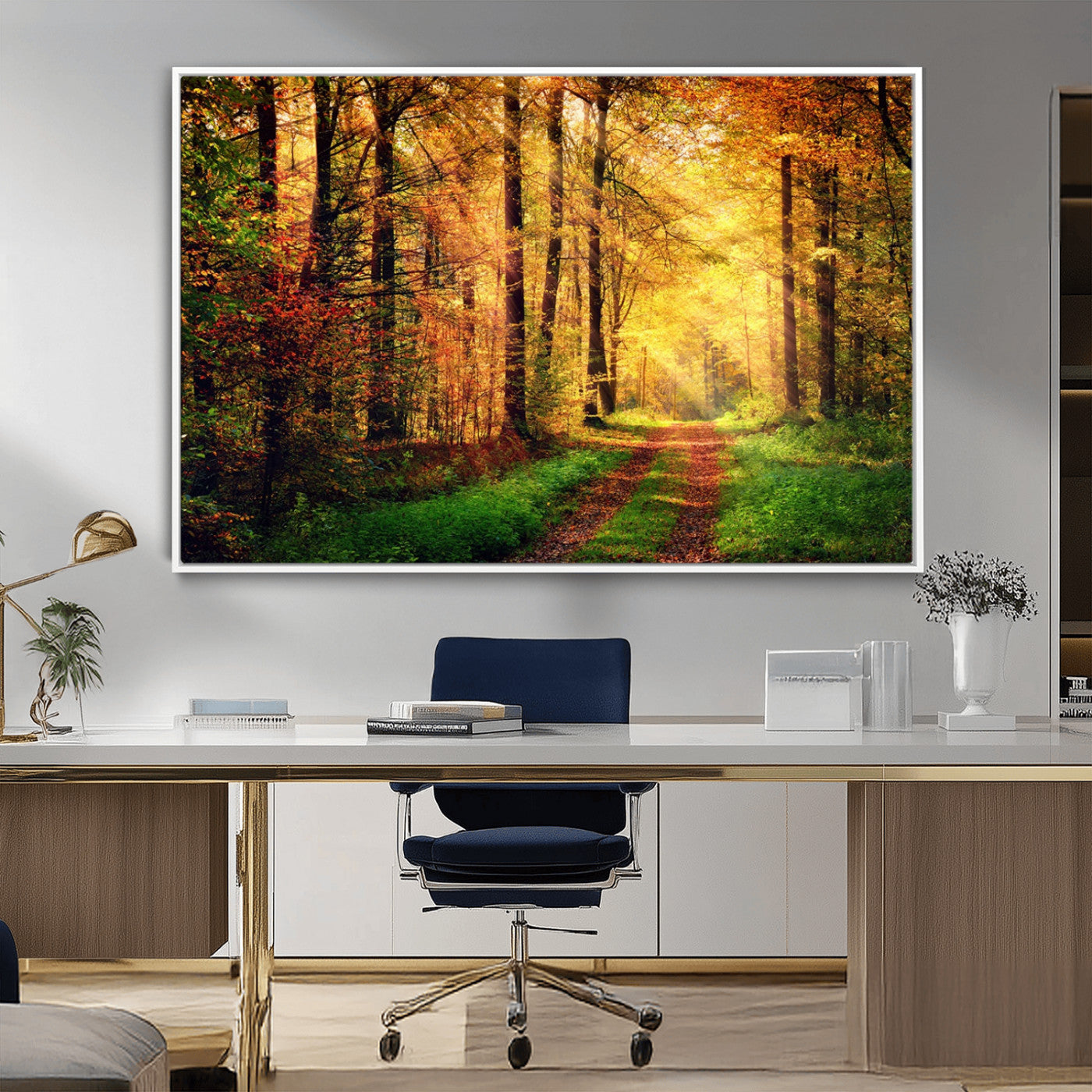 73494-MGV-FC-36X24_White-Golden Autumn Forest Path Wall Art – Sunlit Woodland Canvas Print, Fall Nature Landscape Home Decoration