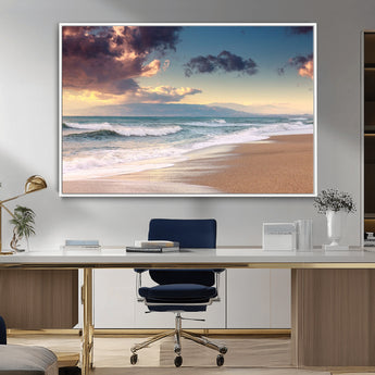 42253-MGV-FC-36X24_White-Serene Beach Waves Wall Art – Tranquil Ocean Horizon Canvas Print, Coastal Seascape Decor for Living Room or Office Wall