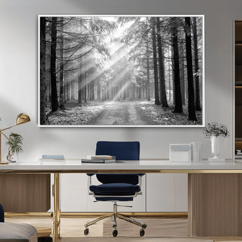 39665-MGV-CV-36X24-Black and White Forest Path Wall Art – Sunlight Rays in Trees Canvas Print, Nature Landscape Decor for Living Room or Office