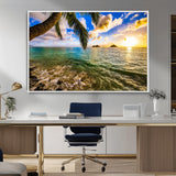 68606-MGV-CV-36X24-Tropical Palm Tree Ocean Wall Art – Sunset Beach Seascape Print, Coastal Paradise Decor for Living Room or Office